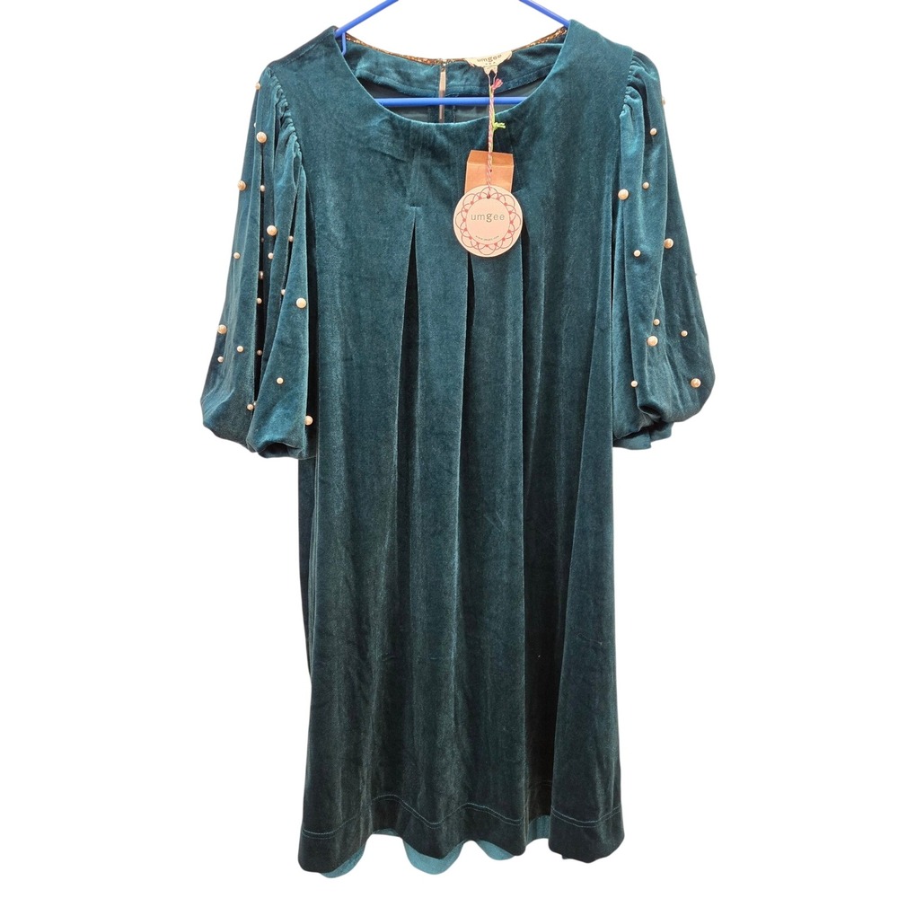 Umgee Teal Velvet Pearl Sleeve Shift Dress Medium NWT K7746 Holiday Party